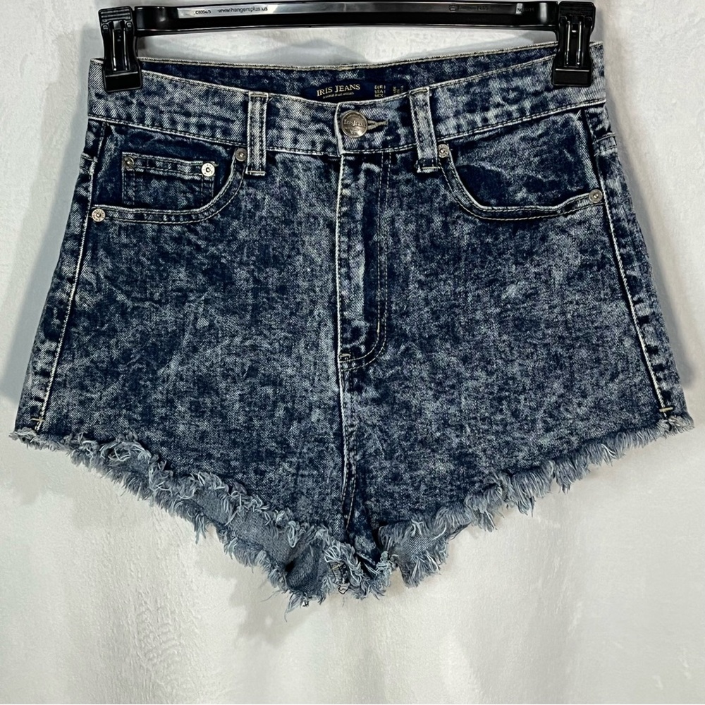 Iris High Waist Acid Wash Denim Shorts - Dark Blue